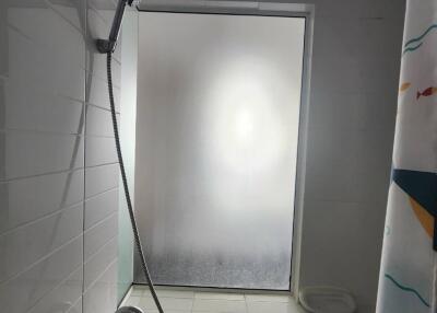 Bathroom with shower and frosted window