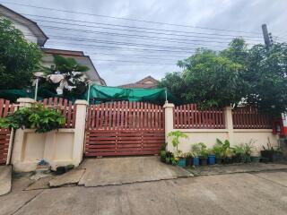 House with green gate and plants