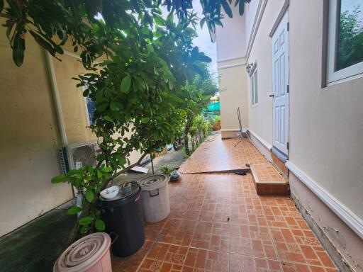 Outdoor Patio with Plants and Trash Bins