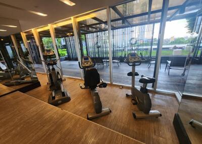 Modern gym with exercise bikes and large windows