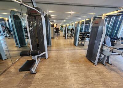 Modern gym with various exercise equipment and mirrored walls