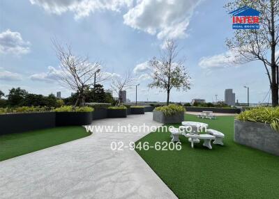 Rooftop garden with walking path and seating area