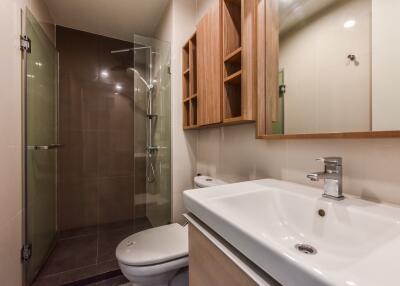 Modern bathroom with glass shower and wooden cabinets