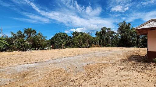 Spacious open yard with clear skies