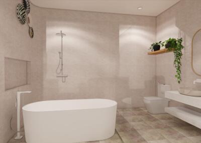 Modern bathroom with bathtub, shower, and plants