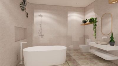 Modern bathroom with bathtub, shower, and plants