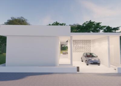 Modern white exterior with carport and greenery