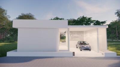 Modern white exterior with carport and greenery