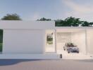 Modern white exterior with carport and greenery