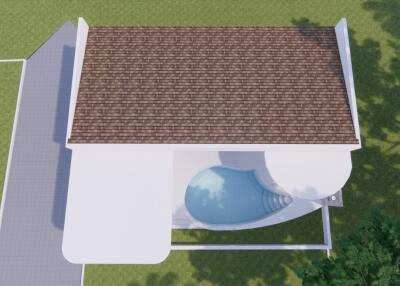 Aerial view of a house with a pool