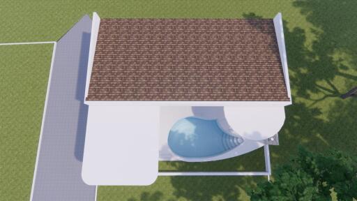 Aerial view of a house with a pool