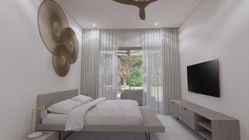 Modern bedroom with bed, wall decorations, TV, and large windows