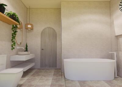 Modern bathroom with white bathtub and sink, toilet, and green plants