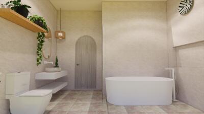 Modern bathroom with white bathtub and sink, toilet, and green plants