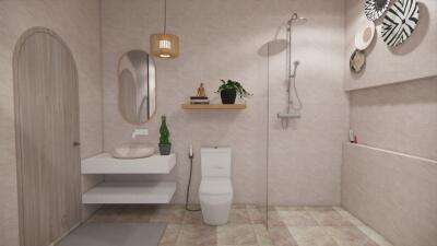 Modern bathroom with circular mirror, floating sink, toilet, shower, and decorative shelves.