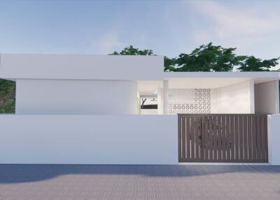 Modern minimalist house exterior with gate