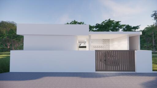 Modern minimalist house exterior with gate