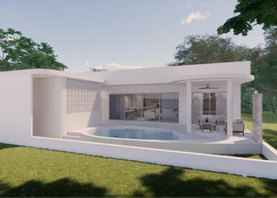 Modern white house exterior with swimming pool