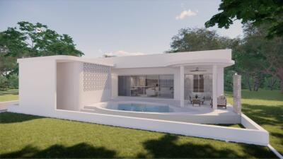 Modern white house exterior with swimming pool