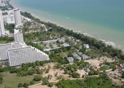 Aerial view of coastal buildings and beach