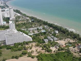 Aerial view of coastal buildings and beach