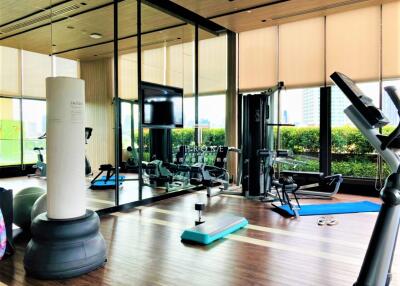 Spacious fitness room with modern exercise equipment and large windows