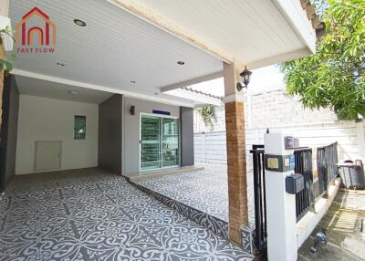 modern building entrance with patterned tile flooring