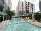 Modern apartment buildings with a swimming pool