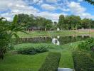 View of a garden with a lake in the background