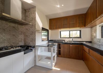 Modern kitchen with wooden cabinets and built-in appliances