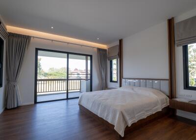 Modern bedroom with large windows and balcony