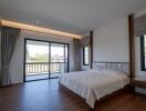 Modern bedroom with large windows and balcony