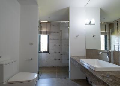 Modern bathroom with large mirror and walk-in shower