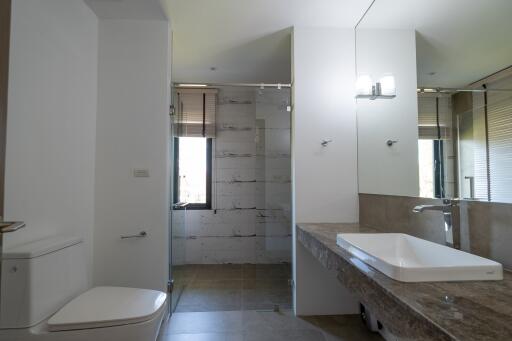 Modern bathroom with large mirror and walk-in shower