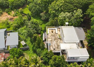 Aerial view of a house surrounded by greenery