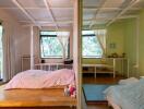 A split view of two cozy bedrooms with large windows, pastel-colored décor, and natural light