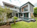 Modern two-story house with pool and garden