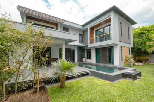 Modern two-story house with pool and garden