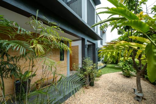 Modern house exterior with garden