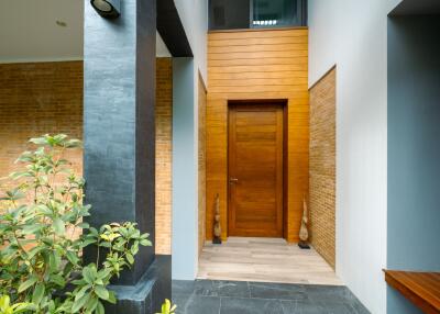 Front entrance with wooden door and modern design