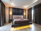 Modern bedroom with floating bed and ambient lighting