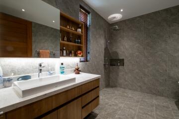 Modern bathroom with vanity, sink, and walk-in shower