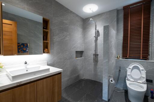 Modern bathroom with shower and toilet