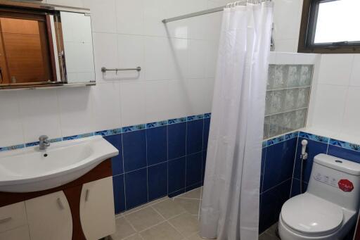 Modern bathroom with blue and white tiles