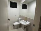 Modern bathroom with white fixtures and large mirror