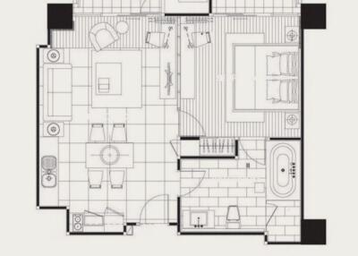 Floor plan of a 1 bedroom, type A apartment