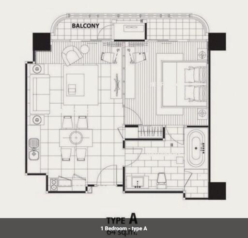 Floor plan of a 1 bedroom, type A apartment