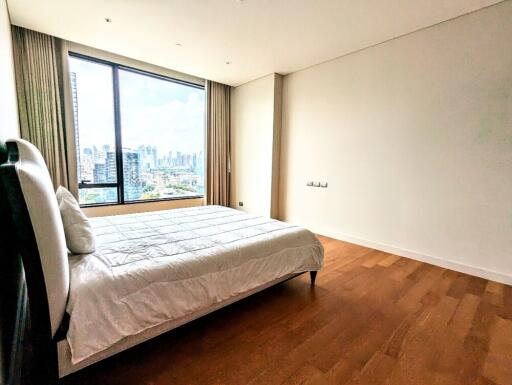 Spacious bedroom with large window and city view