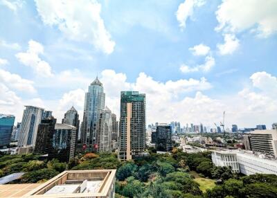 City skyline view with high-rise buildings and greenery