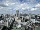 Aerial view of city skyline with numerous skyscrapers and buildings under a partially cloudy sky